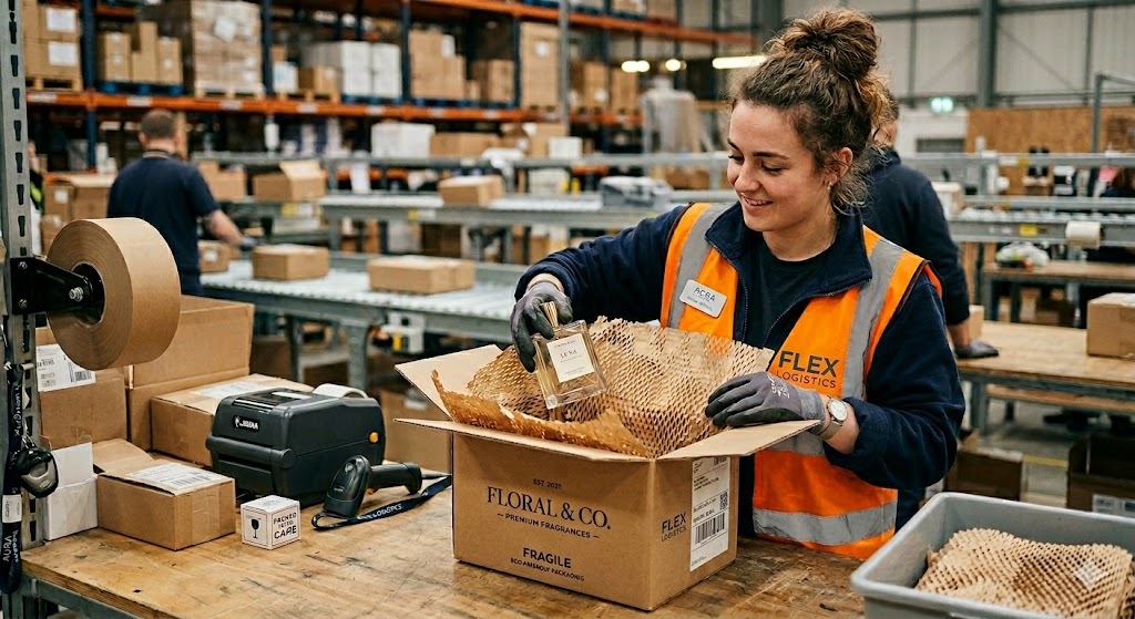 A candid, mid-shot of a logistics specialist in orange west with FLEX logo placing a glass perfume bottle into a branded cardboard box