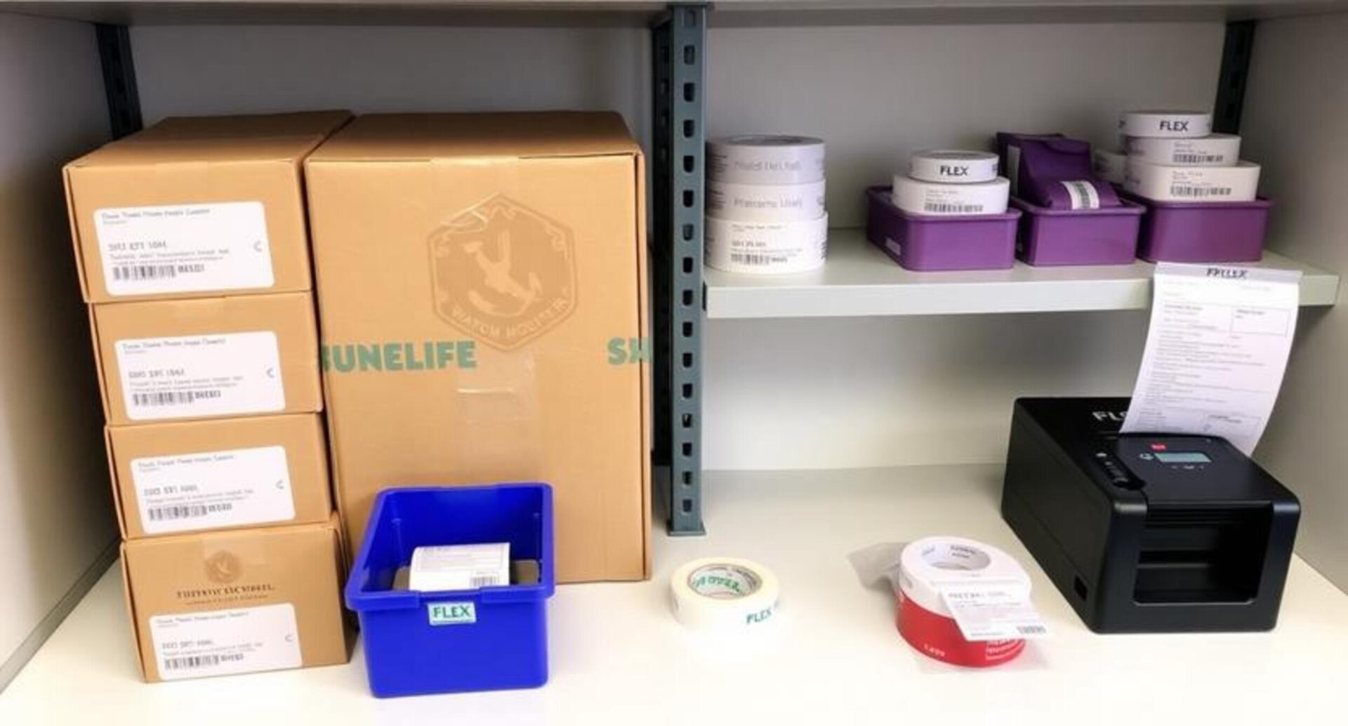 A clean, fully stocked packing station featuring branded boxes, tape, and a thermal label printer for FLEX. parcels.