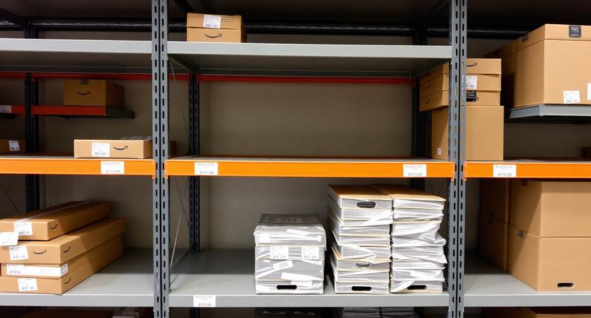 A clean, organized warehouse shelf representing efficient inventory management and reduced Amazon Aged Inventory Surcharges.