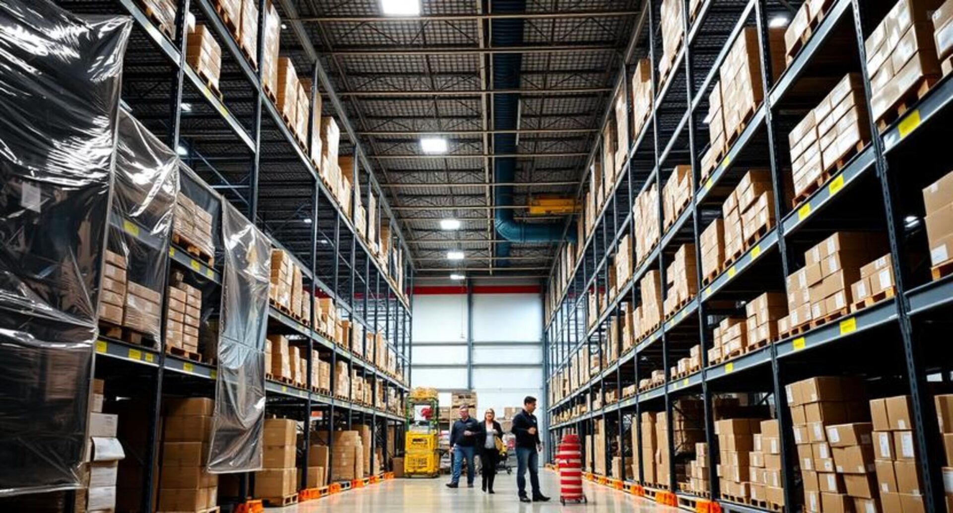 A high-tech warehouse interior showing organized shelving and logistics staff