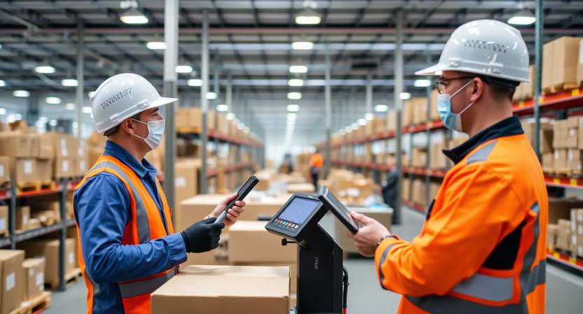 A streamlined reverse logistics station where a worker scans a returned item, updating inventory levels instantly for total SLA control and transparency.
