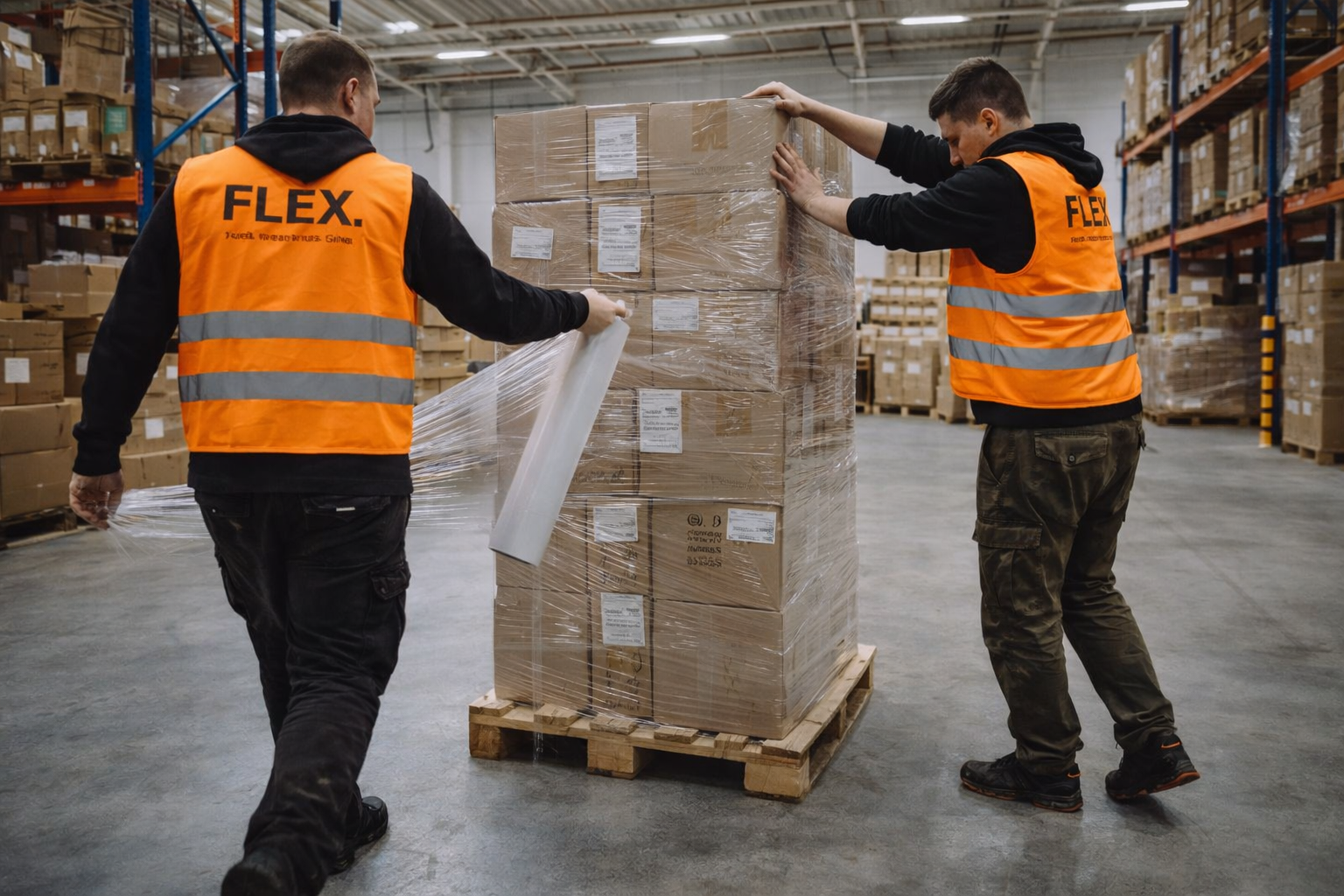 Two FLEX. warehouse workers applying stretch wrap film to a tall pallet of cardboard boxes before outbound dispatch