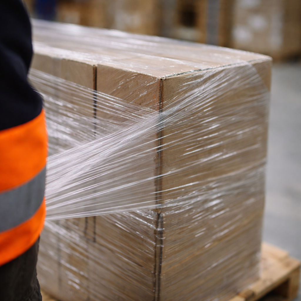 Close-up of stretch wrap film being applied to the corner of a cardboard pallet at a FLEX. logistics warehouse