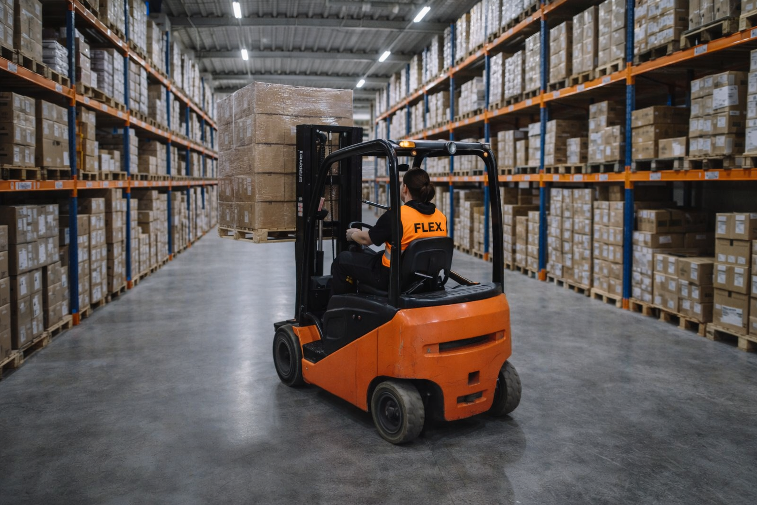 FLEX. forklift operator transporting a loaded pallet through the main aisle of a large high-rack warehouse