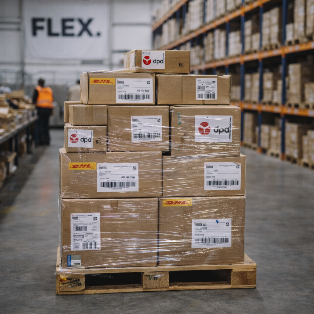 Stacked DHL and DPD labeled outbound parcels on a euro-pallet in a FLEX. logistics warehouse ready for carrier collection