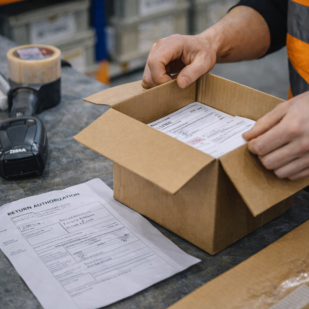 Close-up of a FLEX. warehouse worker opening a returned customer parcel at a reverse logistics processing station