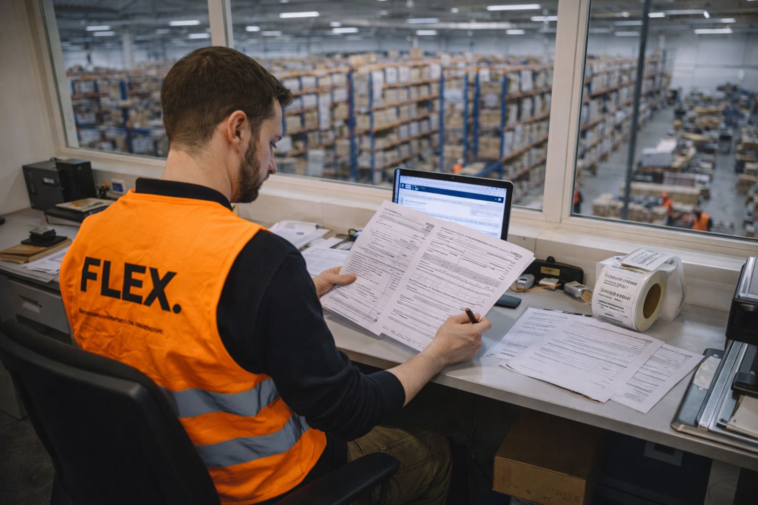 FLEX. logistics employee reviewing international shipping documentation and customs export forms at a warehouse office desk