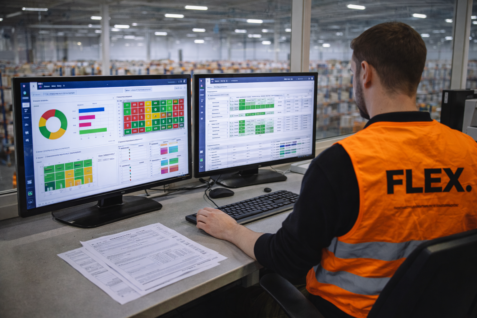 FLEX. warehouse logistics operator monitoring live order data on a dual-screen WMS dashboard at a warehouse control station