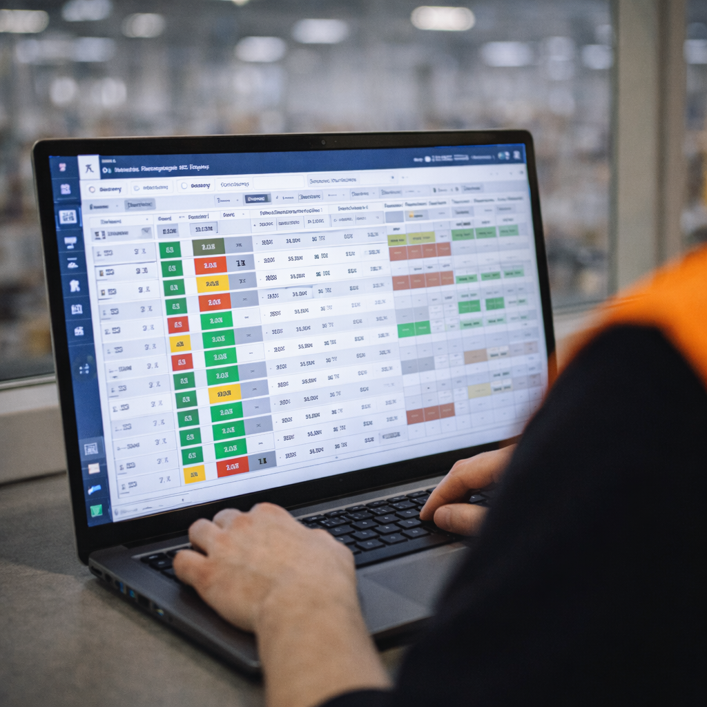 Close-up of a warehouse management system (WMS) order processing interface on a laptop screen at a FLEX. logistics facility