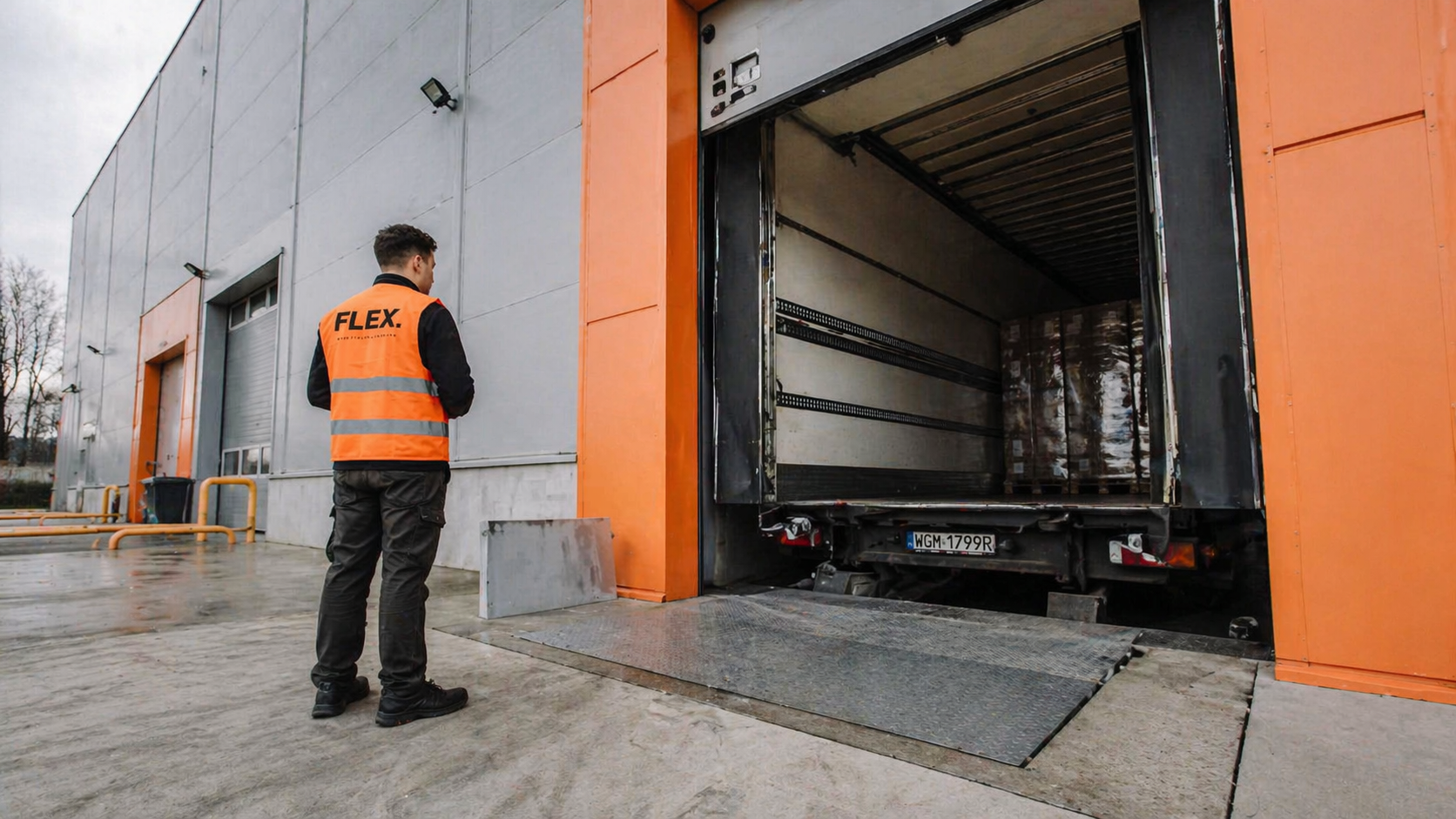 HGV truck backed into a FLEX. logistics facility loading dock bay with a worker standing on the concrete apron in natural daylight