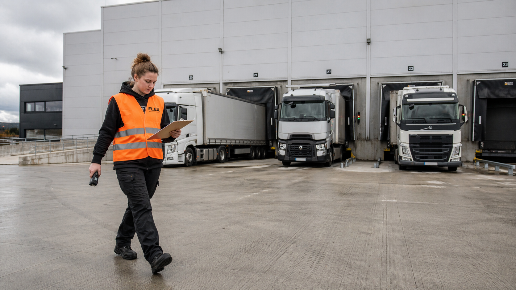 Female FLEX. logistics coordinator walking across a truck yard apron with a clipboard reviewing a manifest, HGVs parked at dock bays behind her