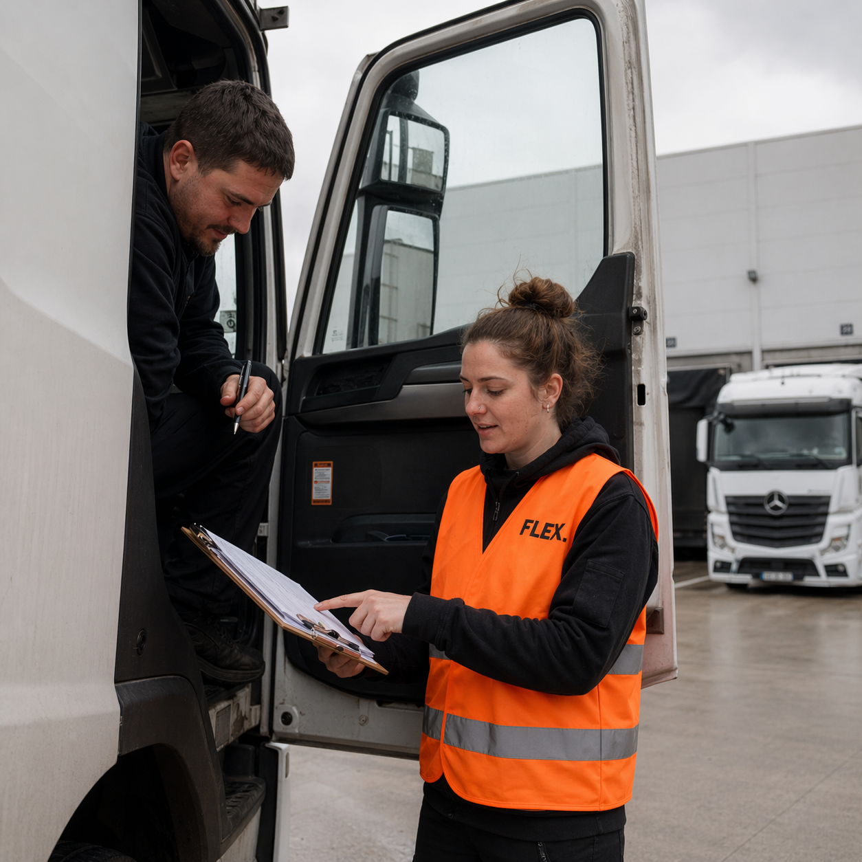 FLEX. warehouse worker exchanging delivery paperwork with a truck driver at the open cab door on the loading apron