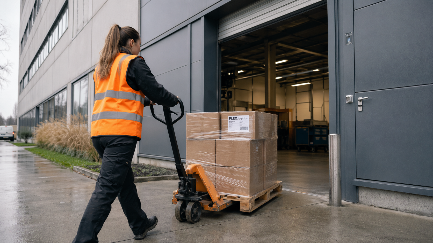 Female courier delivering a FLEX.-dispatched pallet via hand pallet jack through the service entrance of a European business