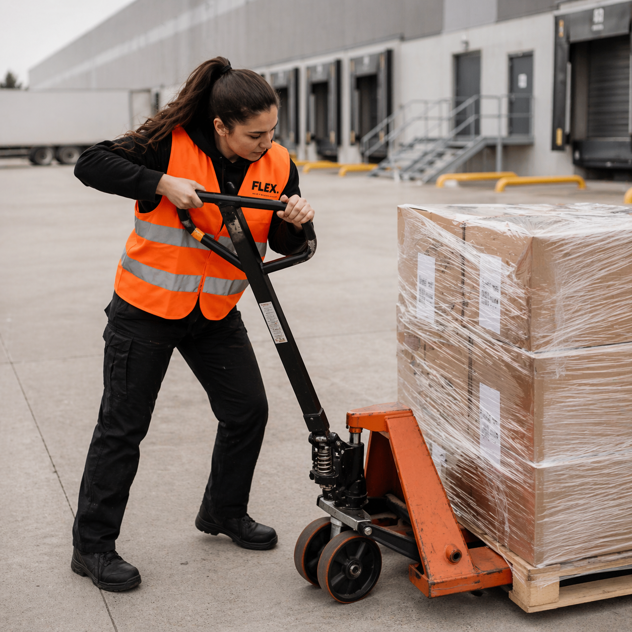 Female FLEX. worker operating a manual hand pallet jack on the outdoor concrete loading apron at a logistics facility