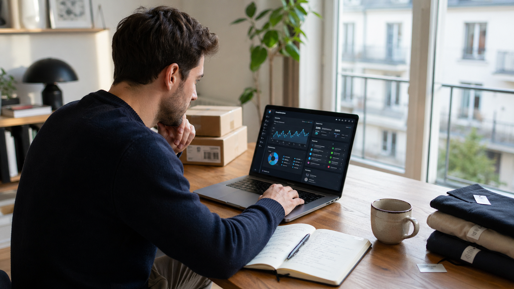 Young male e-commerce seller reviewing his fulfillment logistics dashboard on a laptop at a home office desk with product samples nearby