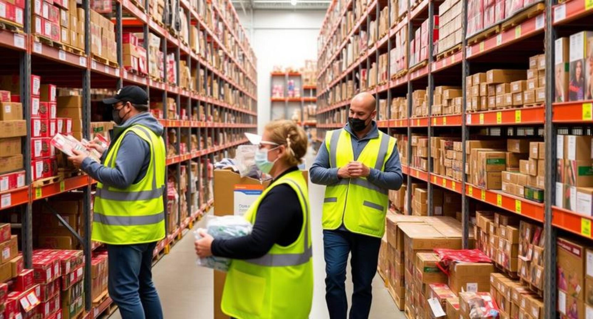 Warehouse team members in high-visibility vests efficiently picking seasonal items in a zone-picking layout.