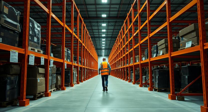 Wide view of FLEX. warehouse interior with worker in orange hi-vis vest walking between tall orange steel pallet racking aisles, concrete floor, industrial LED lighting overhead