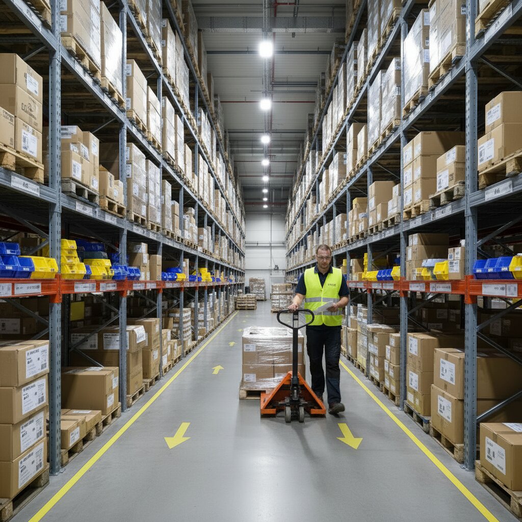 A FLEX. team member moving a manual pallet jack through a clean warehouse aisle, eyes focused on maintaining inventory accuracy