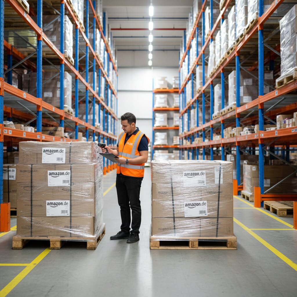 A FLEX. team member wearing an orange branded hi-vis vest checking pallet labels on an American cargo shipment staged for Amazon.de injection