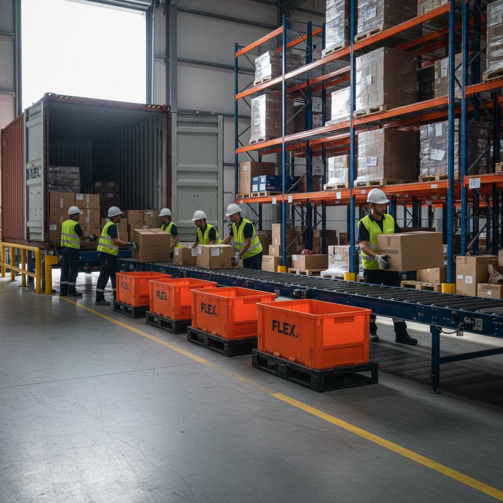 A busy container unloading bay at a FLEX. logistics hub in continental Europe, where bulk ocean freight arriving from the United States is systematically destowed