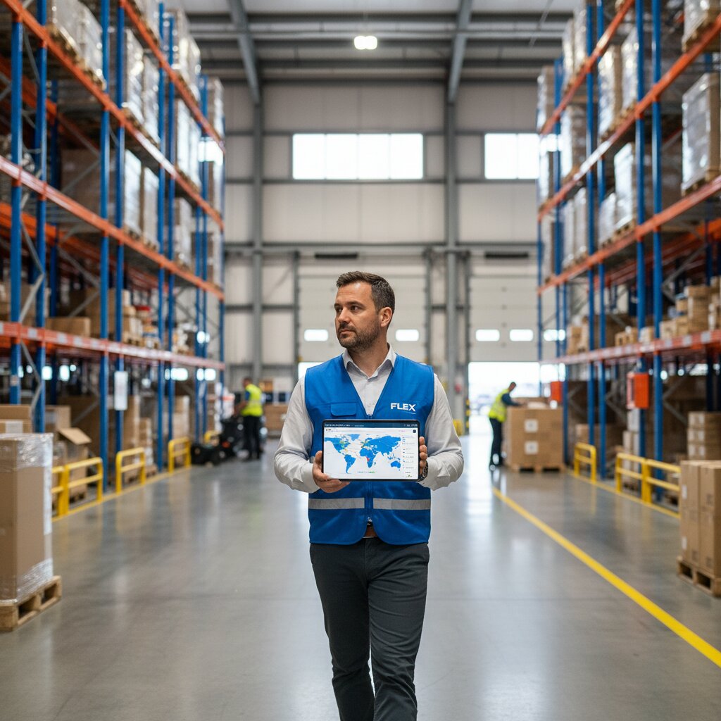 A customs and tax coordinator at flex. reviewing a non-EU OSS data-matching map on a tablet screen while walking the warehouse floor.