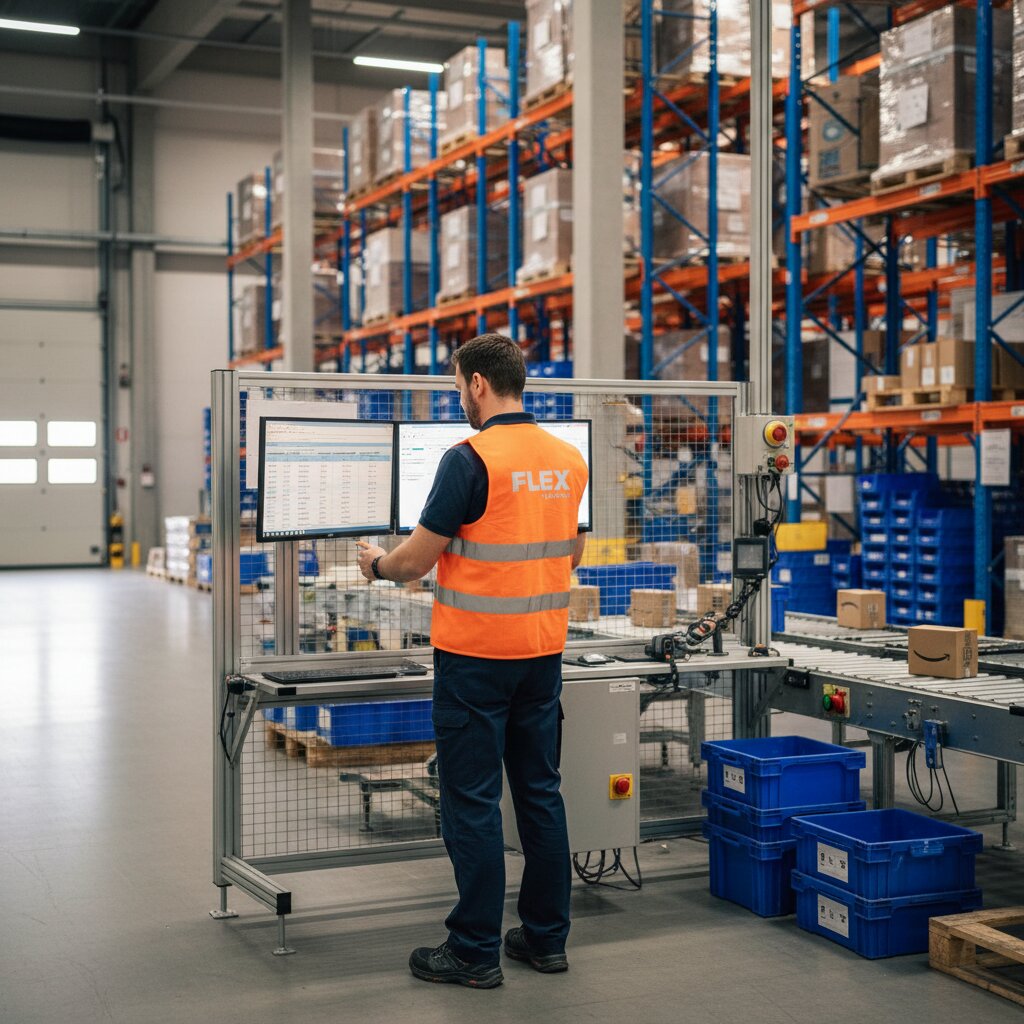 A flex. logistics technician in an orange branded hi-vis vest checking real-time SFP transit times and carrier tracking data on a dual-monitor dashboard next to a processing line.