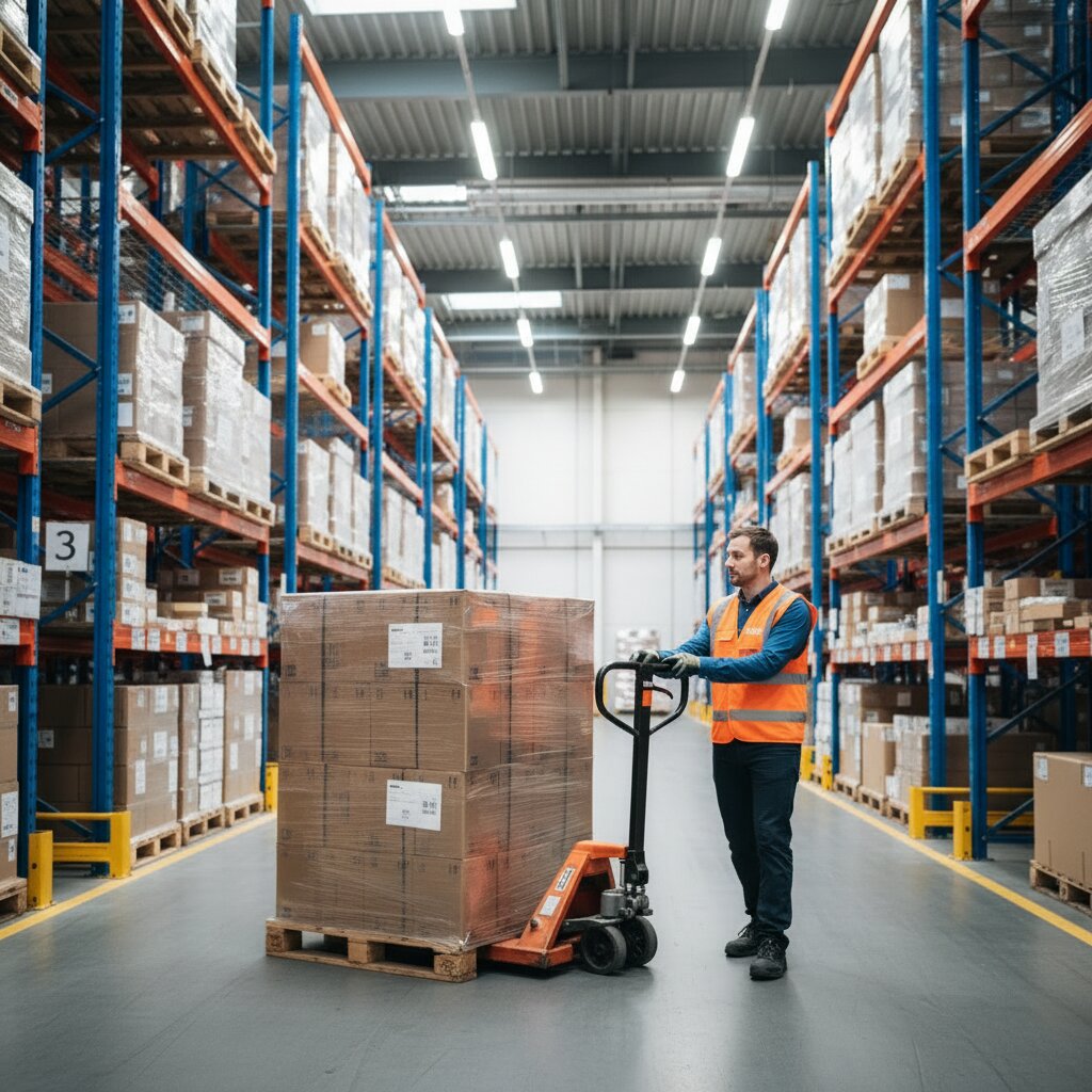 A flex. warehouse team member operating a manual pallet jack to transfer localized e-commerce inventory down a clean transit lane past safety barriers.
