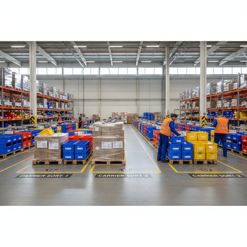 An impeccably organized staging zone within a flex. hub where high-velocity retail stock is sorted into dedicated carrier bins for immediate next-day Prime delivery