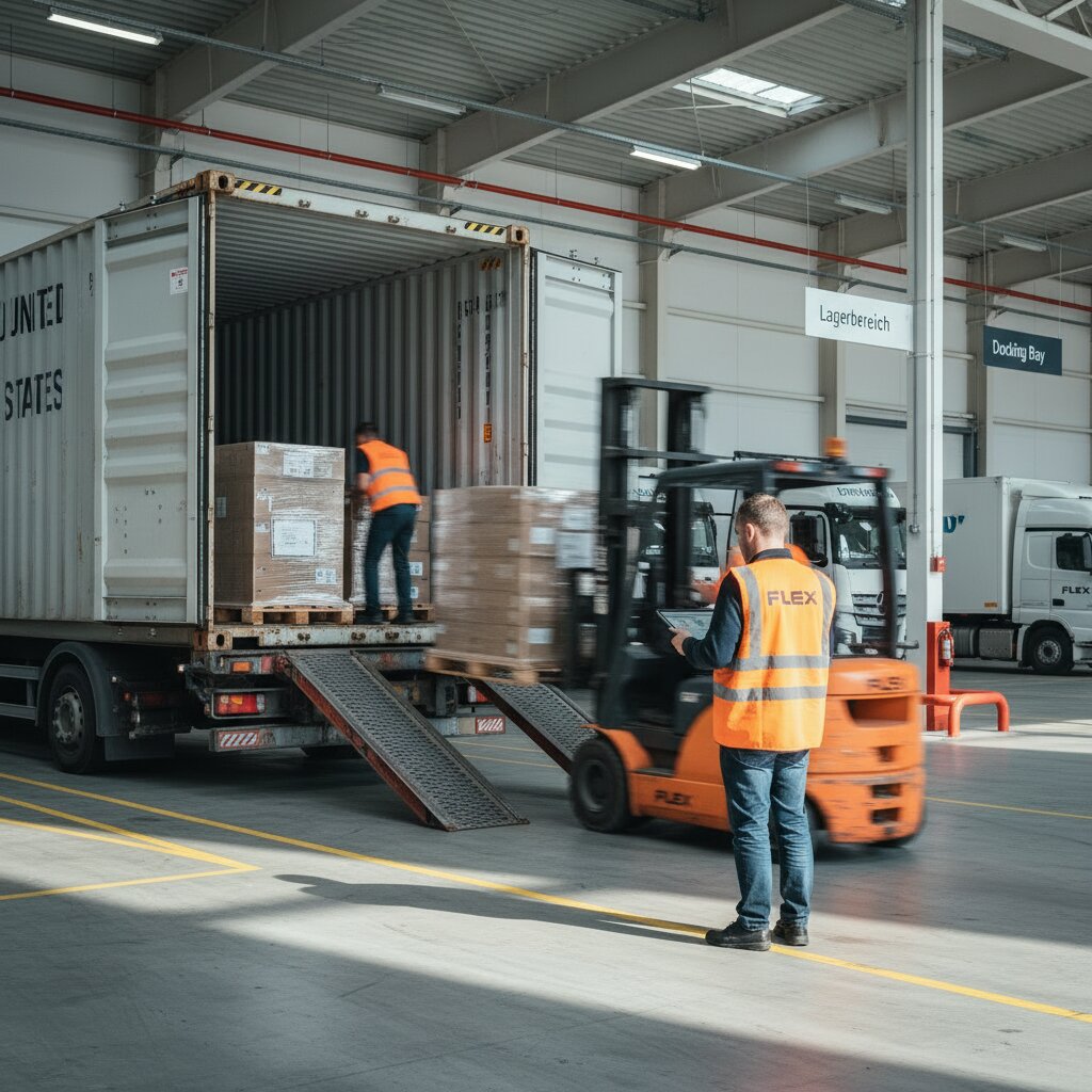 An inbound ocean freight container from the United States being unloaded at a FLEX. distribution dock in Europe, with a customs audit agent reviewing documentation on a tablet.