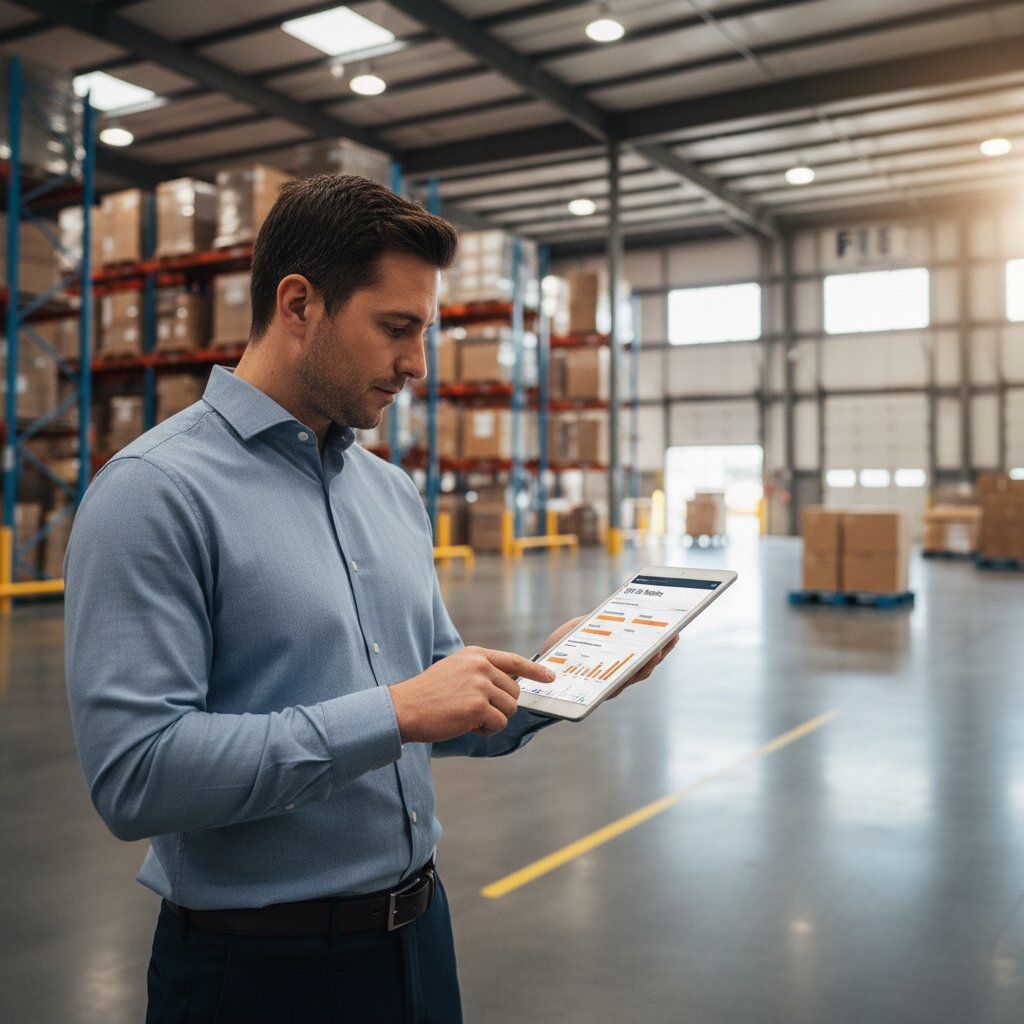 An international logistics planner at flex. reviewing an automated SFP trial metric tracking dashboard on a tablet while standing on the warehouse floor.