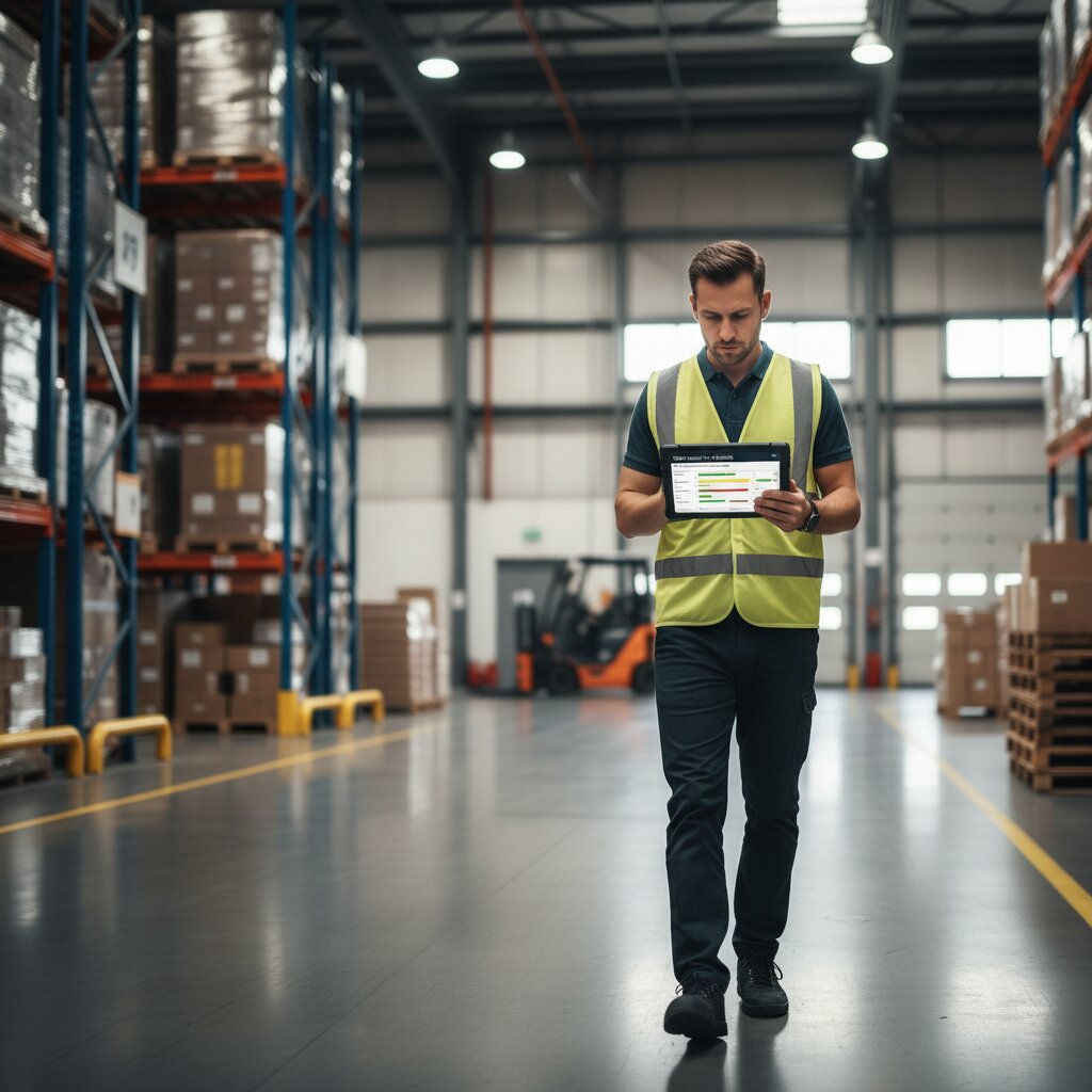 An international logistics specialist at flex. reviewing a DDP import-to-conversion dashboard on a tablet screen while walking the warehouse floor.