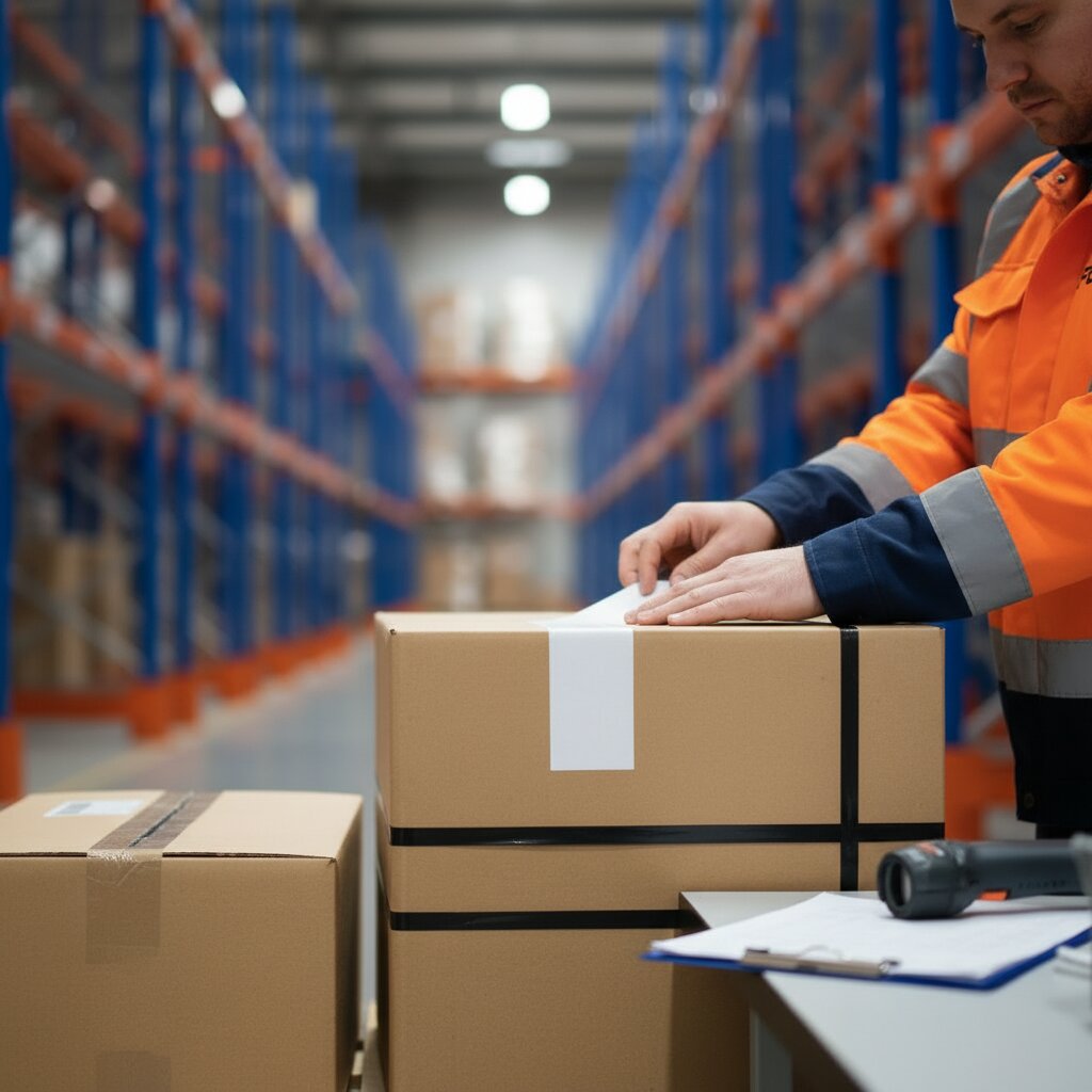 A fulfillment technician wearing an orange long-sleeve safety shirt meticulously applies a fresh, white marketplace compliance label onto a warm brown corrugated package