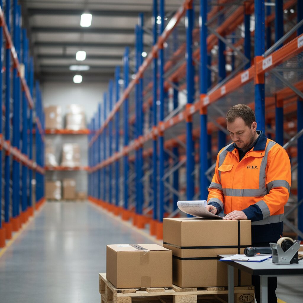 A logistics specialist wearing a bright orange safety jacket with subtle FLEX. branding reviews a printed shipping manifest next to a newly sealed stack of brown corrugated boxes