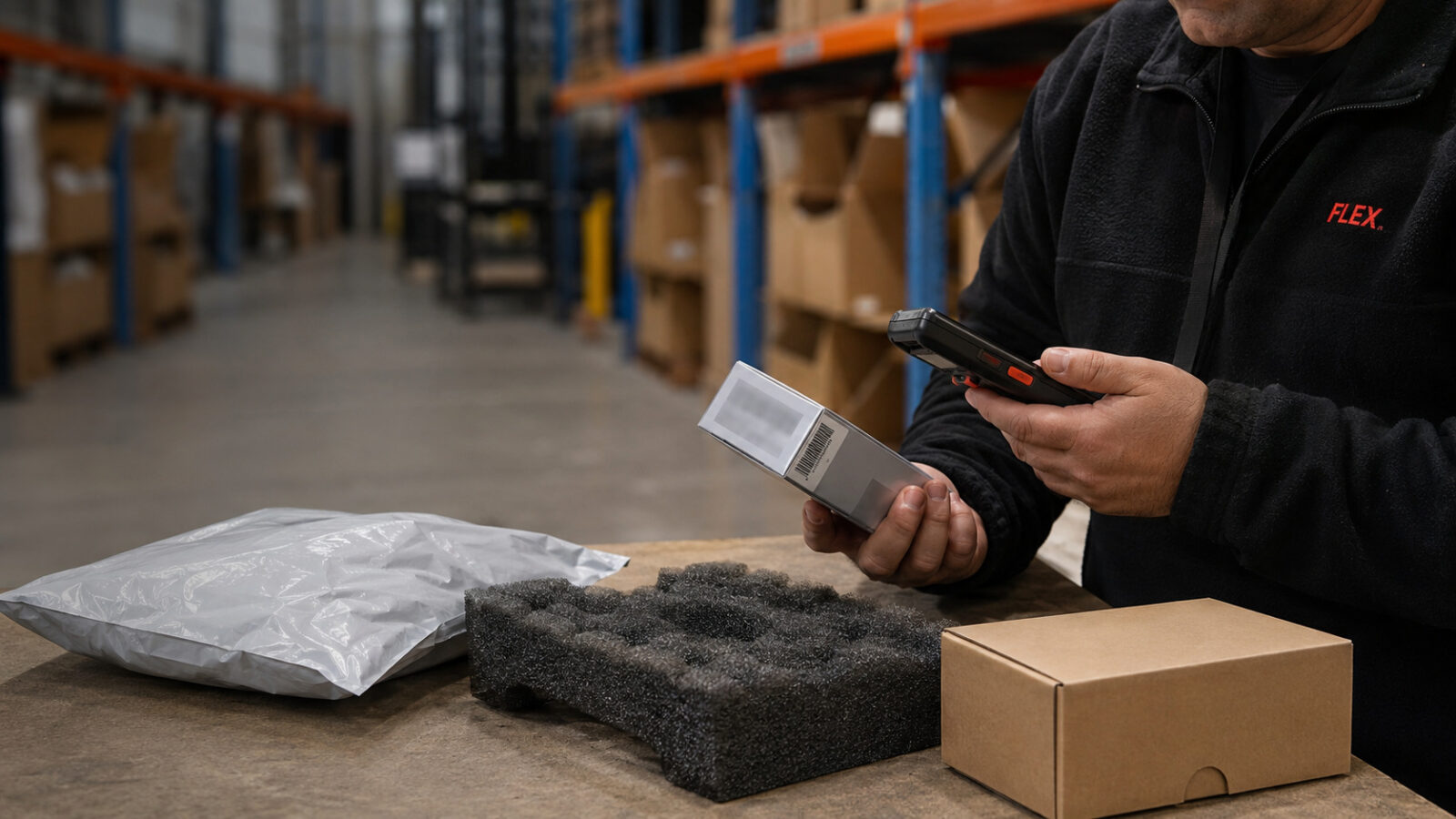 A warehouse operator inspects a returned marketplace item at a QC table with barcode stickers, plain boxes, and packaging materials nearby.