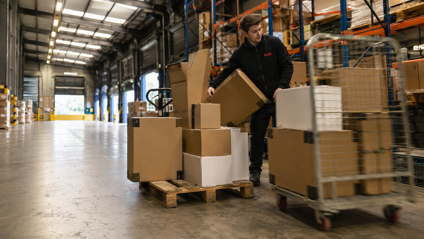 A warehouse worker stages bulky homeware and electronics cartons on a pallet near a dispatch lane with a pallet jack nearby.