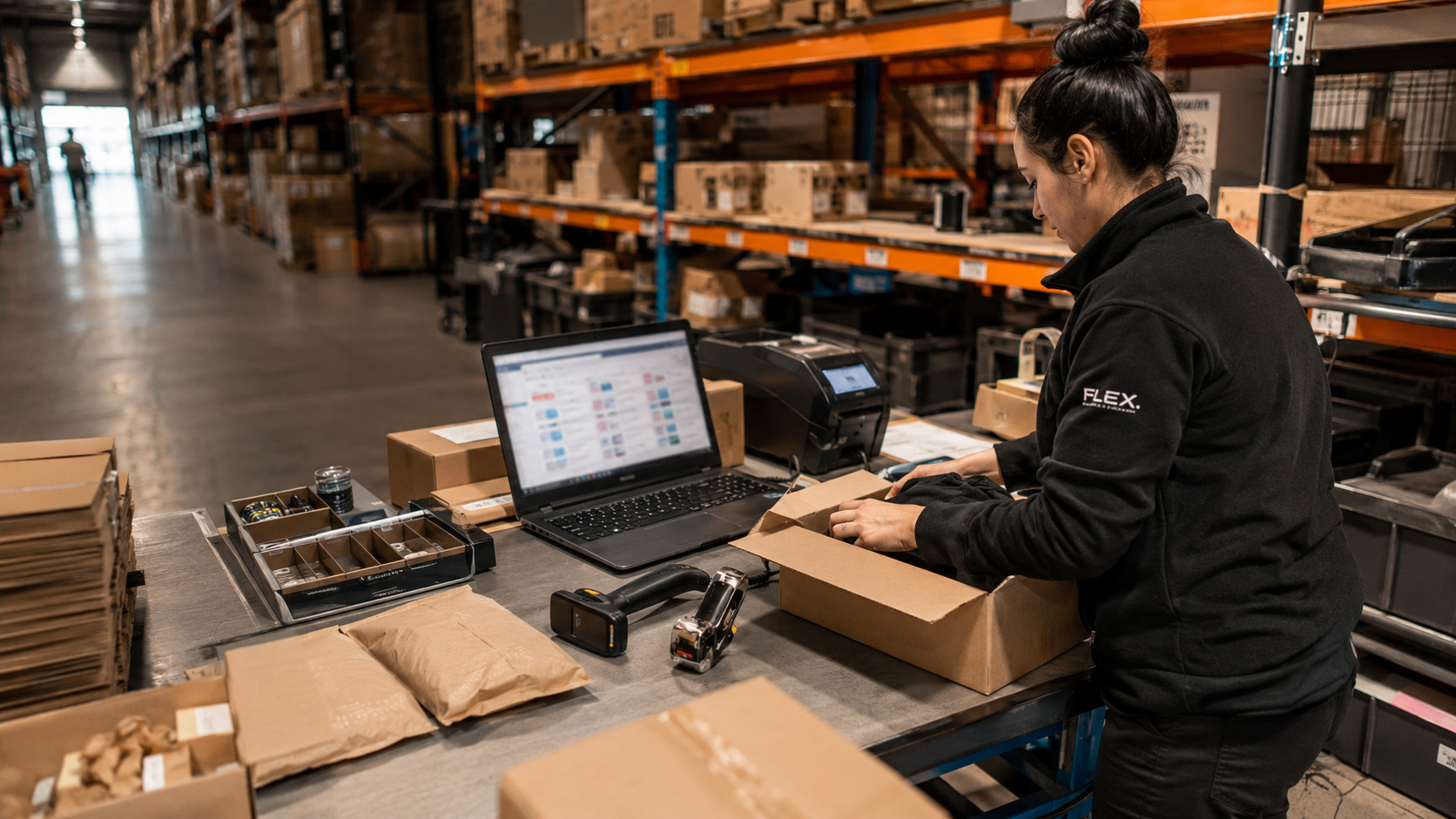 A warehouse operator packs ecommerce orders beside a laptop with a blurred order-management screen, a scanner, a label printer, and mixed product cartons.
