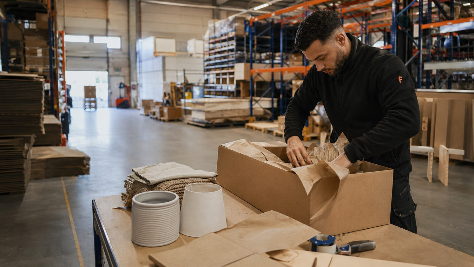 Homeware items being packed with protective material at a warehouse fulfillment station.