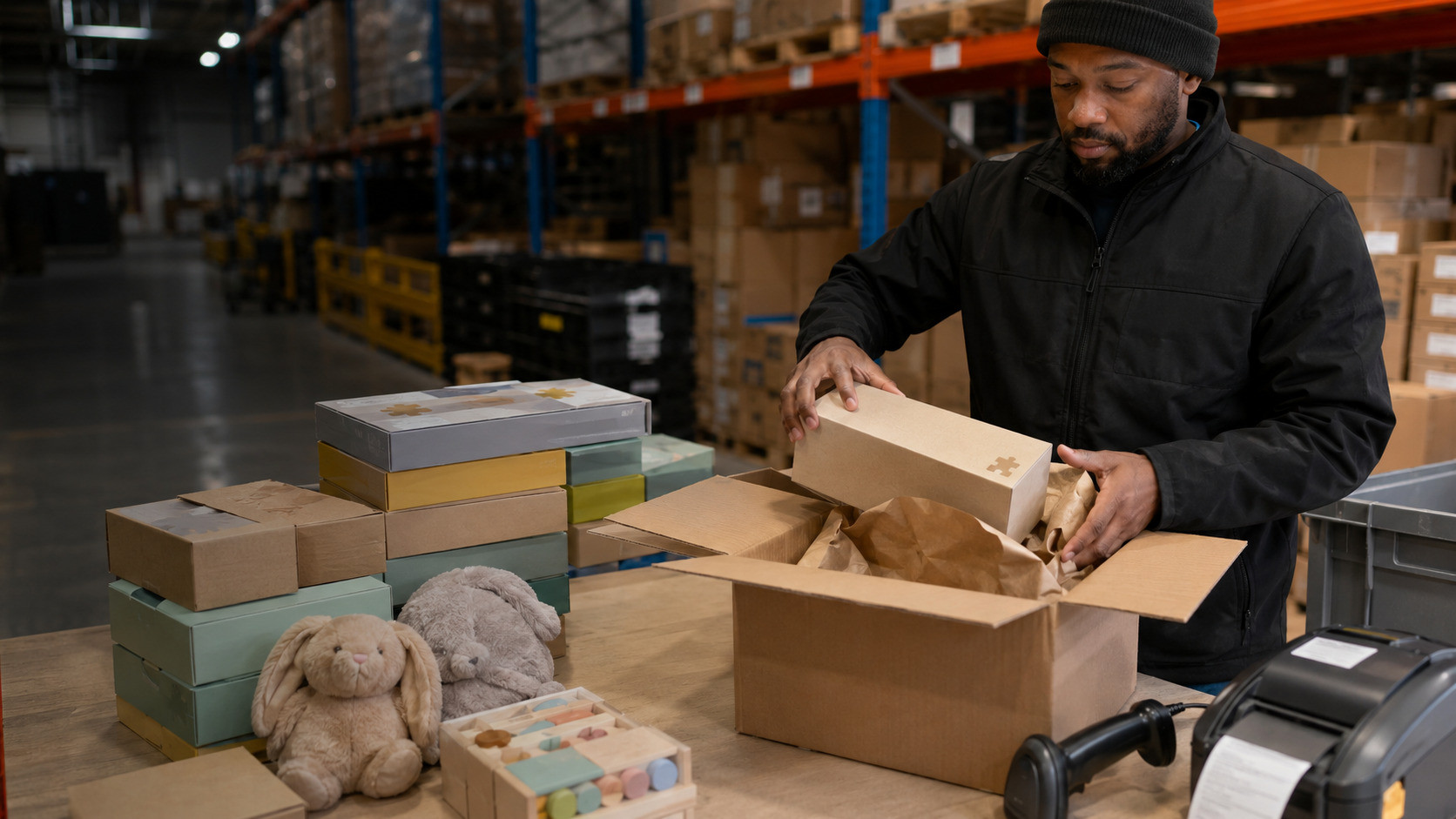 Board games, puzzles, and toys being packed into ecommerce orders at a warehouse fulfillment station.