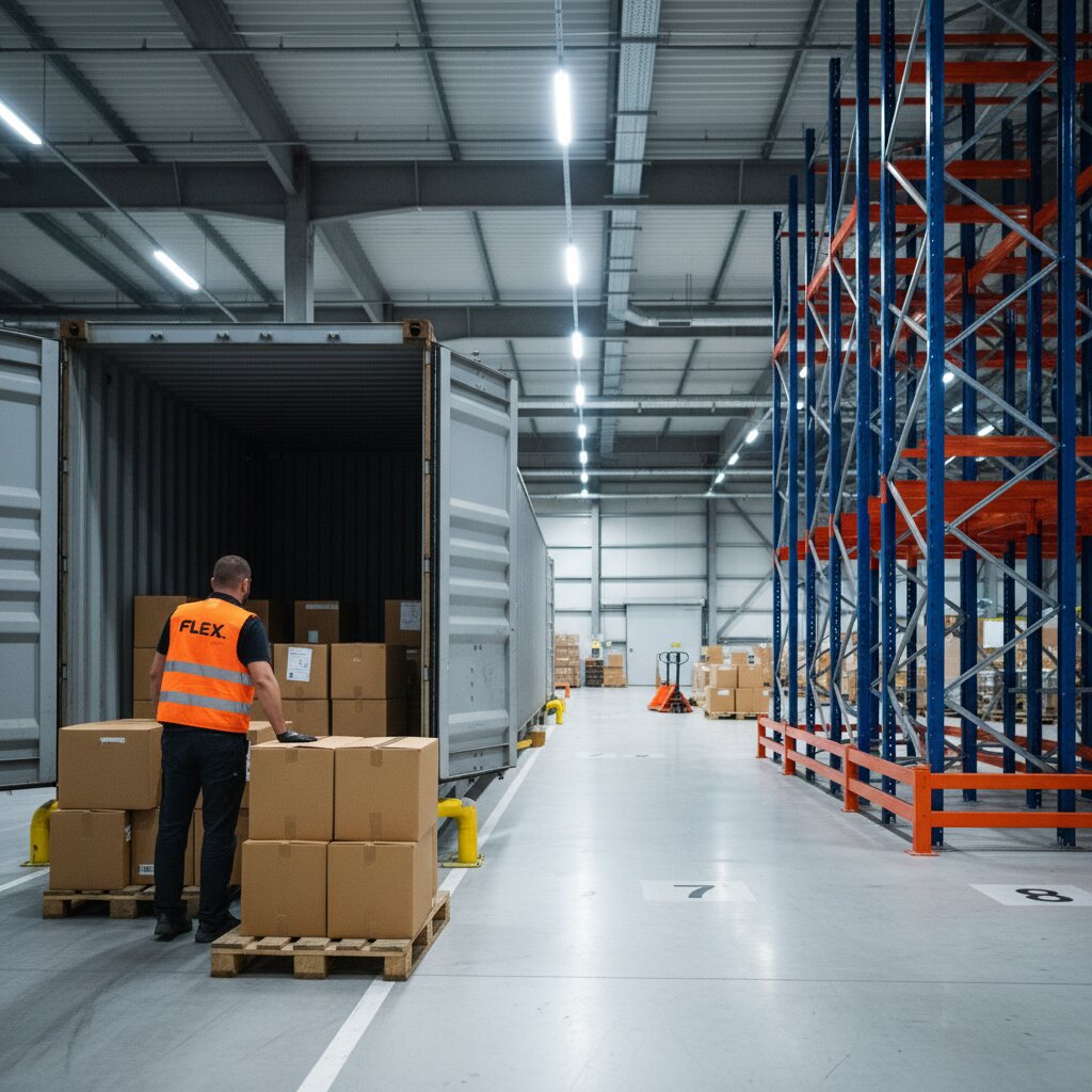 Wide angle horizontal documentary shot capturing an active inbound receiving dock inside our European hub