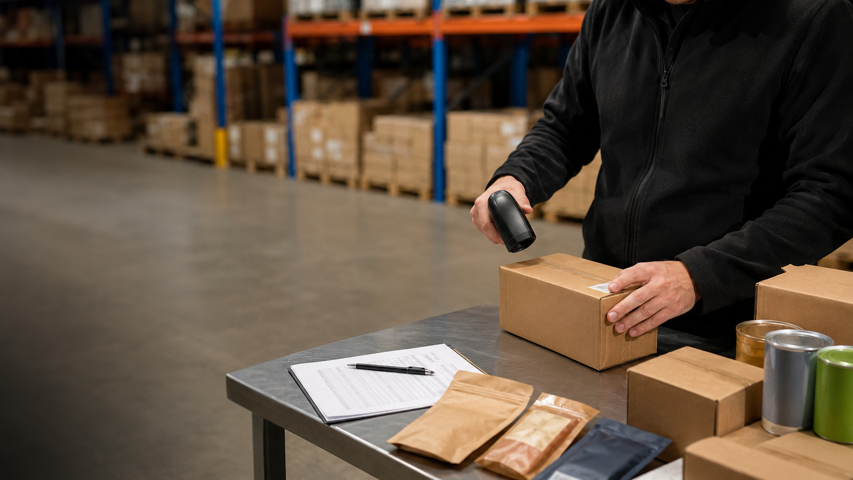 Operatore di magazzino che scansiona un cartone durante l'elaborazione del fulfilment