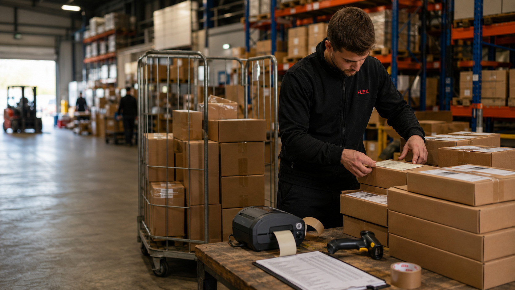 Operatore di magazzino che imballa un ordine cliente in una stazione di fulfillment