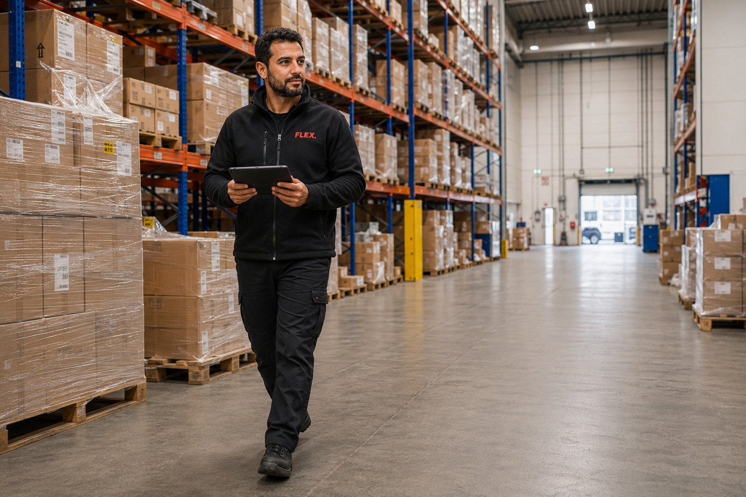 Warehouse operator using a tablet to manage inventory and fulfilment operations