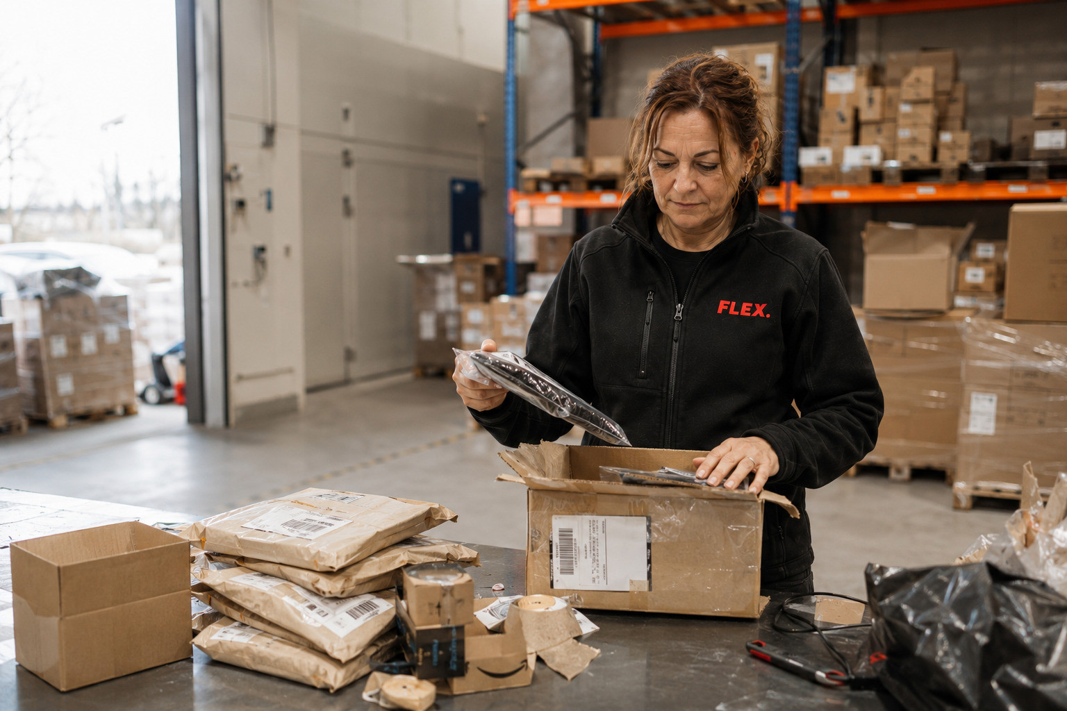 Warehouse operator inspecting returned parcels and products